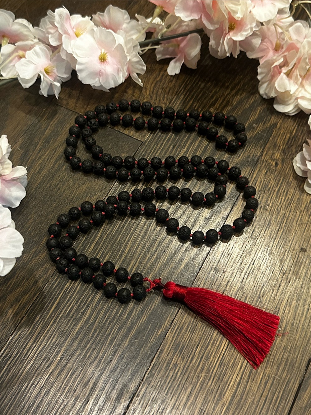 Handcrafted Black Lava 108 Bead Mala Necklace with Red Tassel